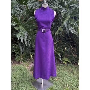 Vintage 60s Dress Womens Size XS Deep Purple Maxi Hostess Regency Empire Waist